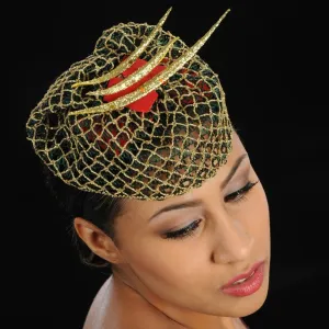 FW1132 Red felt ladies fascinator design with green and gold fabric
