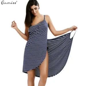 Gamiss 2017 Sexy Backless Women Summer Striped Dress V-neck Spaghetti Strap Women Knee-length Cover ups Beach Dresses vestidos