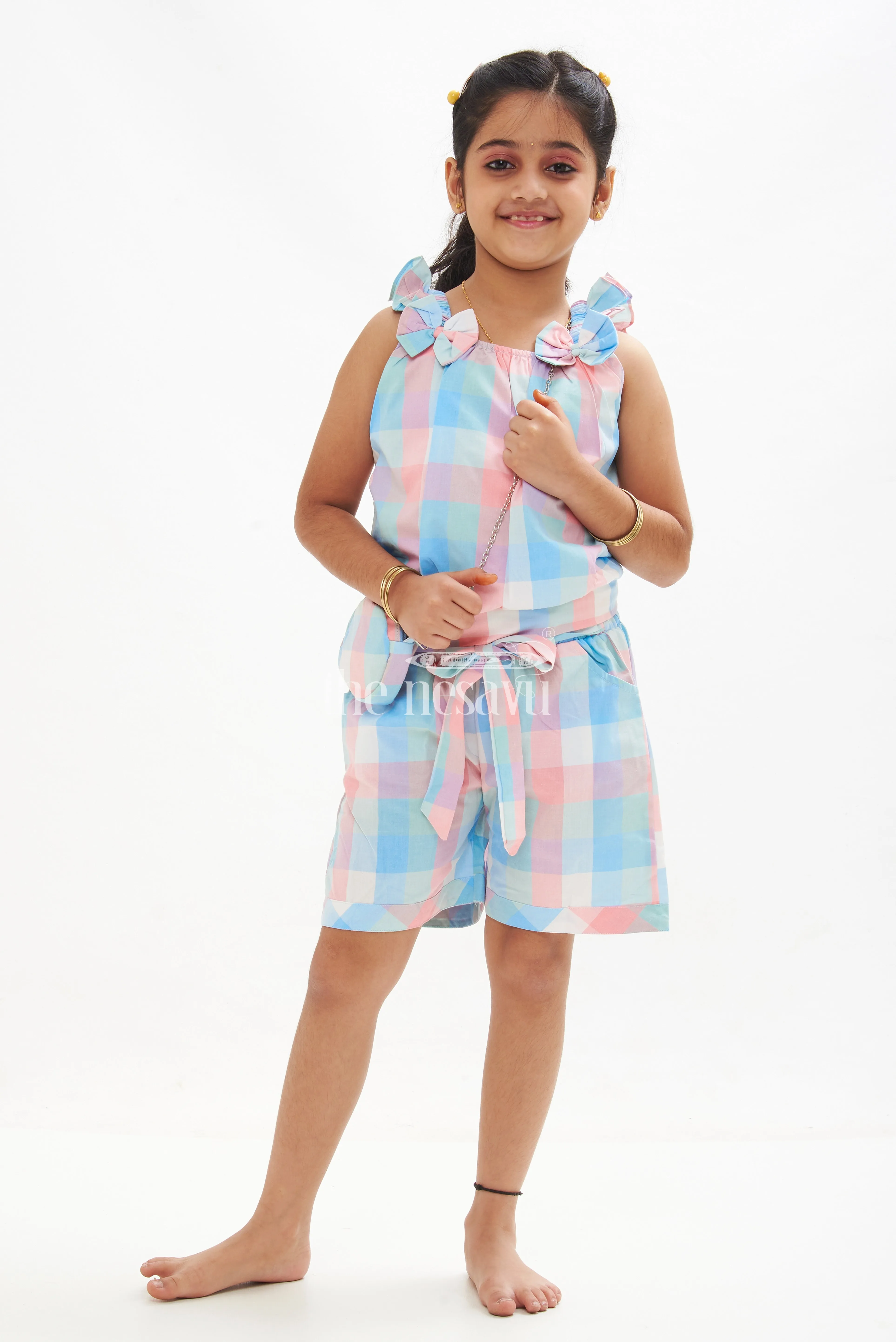 Girls' Blue and Peach Madras Checked Crop Top and Shorts Set