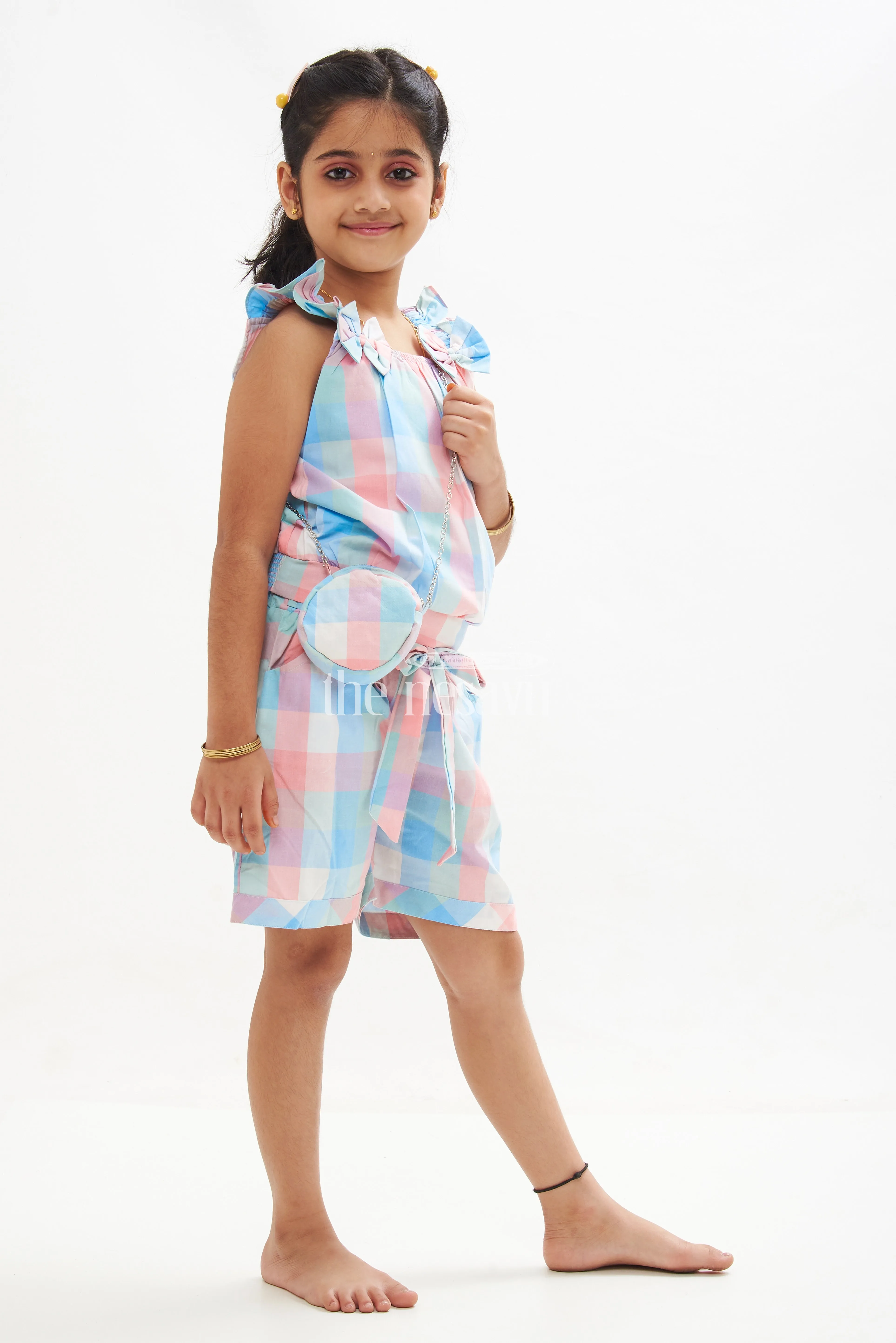 Girls' Blue and Peach Madras Checked Crop Top and Shorts Set