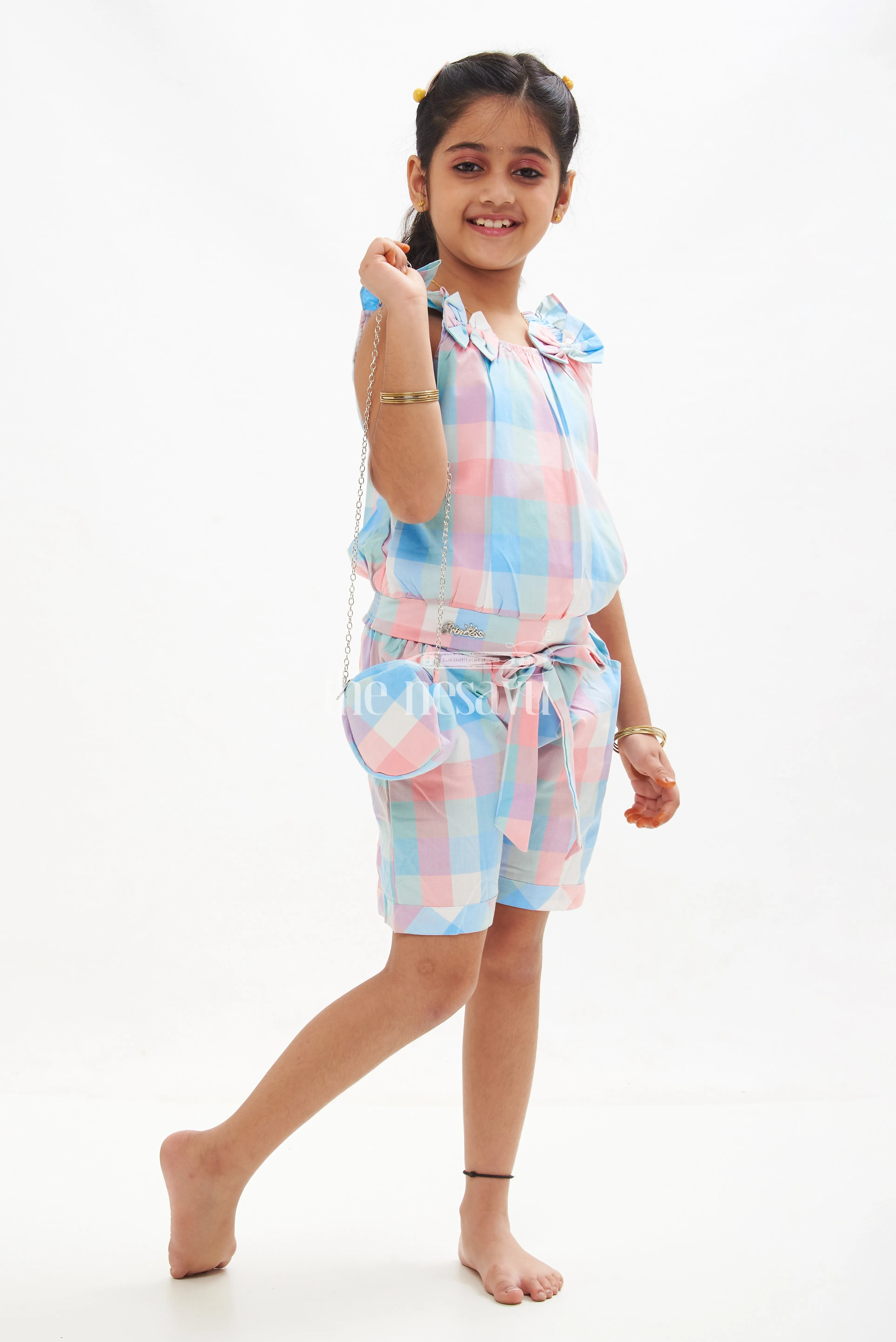 Girls' Blue and Peach Madras Checked Crop Top and Shorts Set