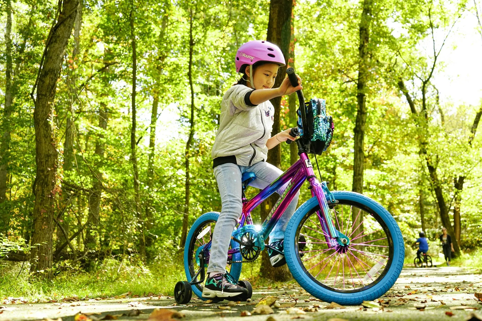 Girls' Illusion BMX Bike 18" Wheels w/ Removable Training Wheels, Blue Purple, Height 3'-8" 