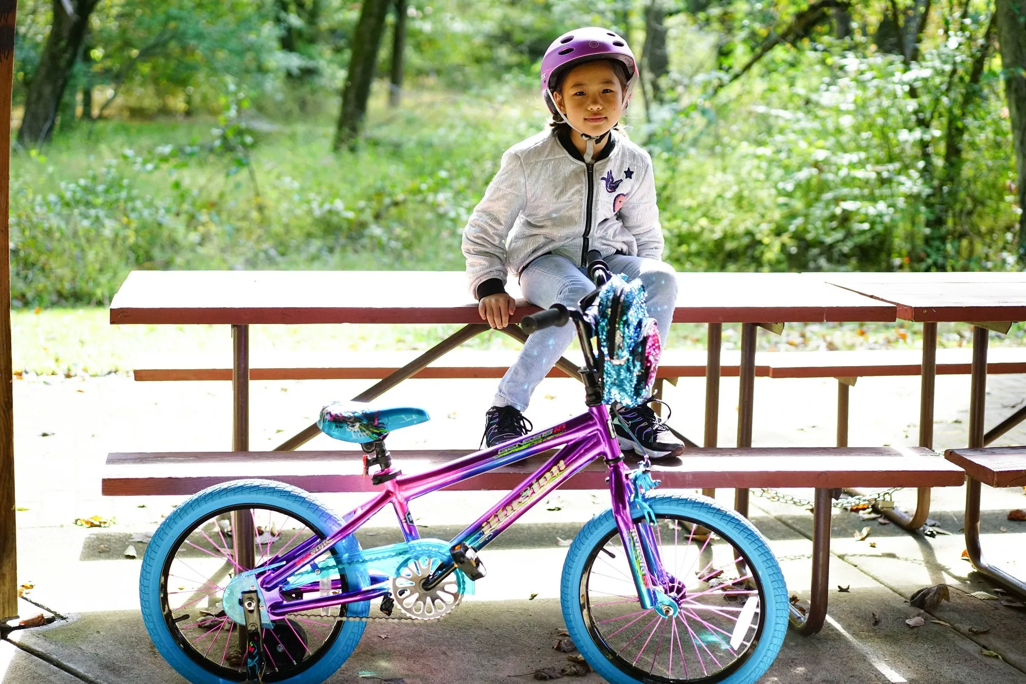 Girls' Illusion BMX Bike 18" Wheels w/ Removable Training Wheels, Blue Purple, Height 3'-8" 