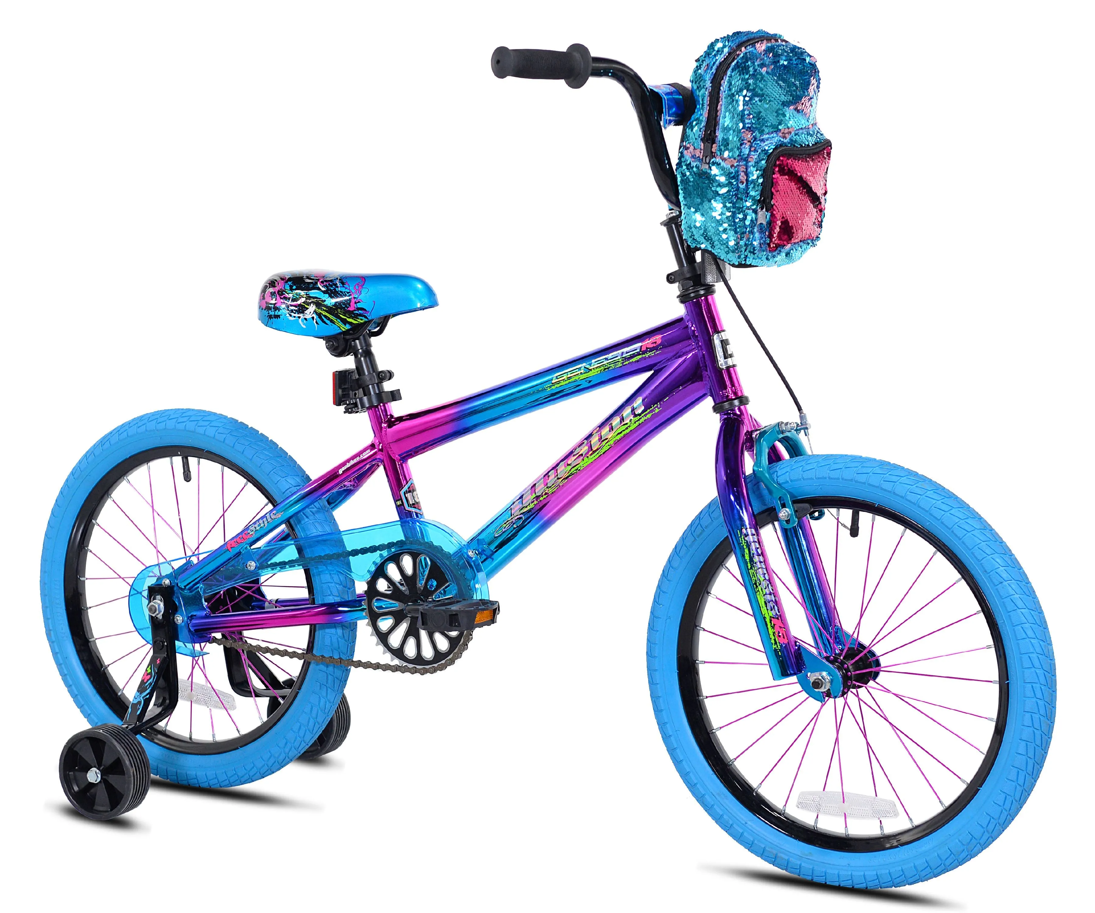 Girls' Illusion BMX Bike 18" Wheels w/ Removable Training Wheels, Blue Purple, Height 3'-8" 