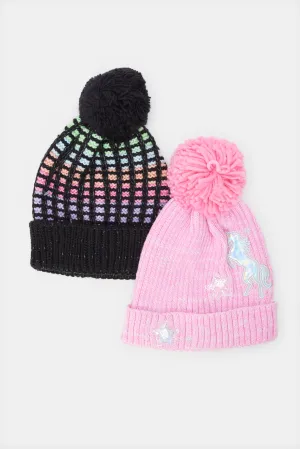 Girls Pink And Black Embellished Knitted Cap Set (2 Piece)