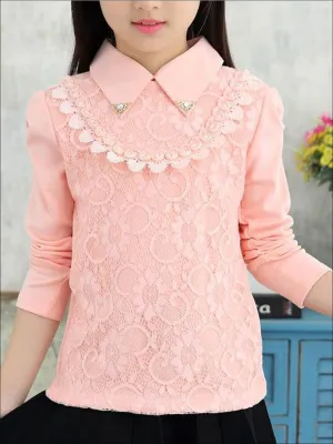 Girls Preppy Long Puff Sleeve Flat Collar Lace Top