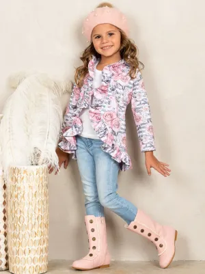 Girls Ruffled Faux Button Floral Printed Blazer Style Cardigan