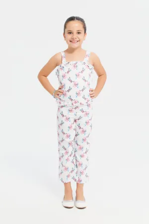 Girls Teal Floral Blouse And Trouser Set (2 Piece)