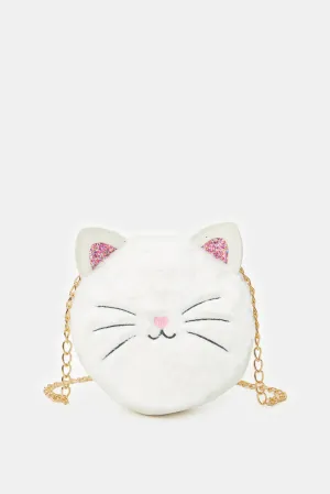 Girls White Character Faux Fur Cross Body Bag
