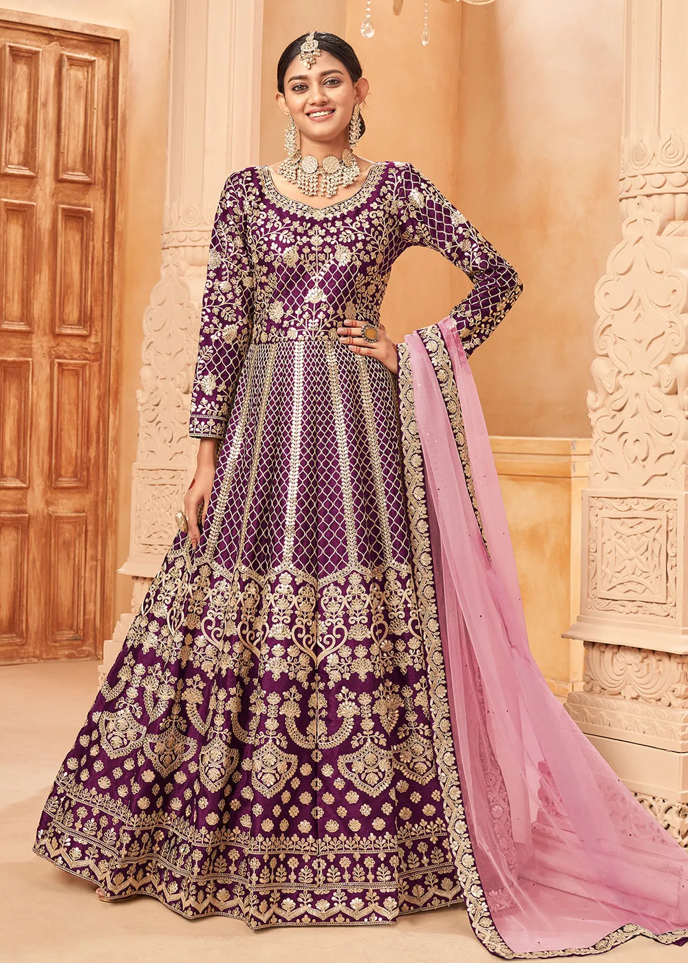 Glam Purple & Gold Embroidered Silk Anarkali Suit