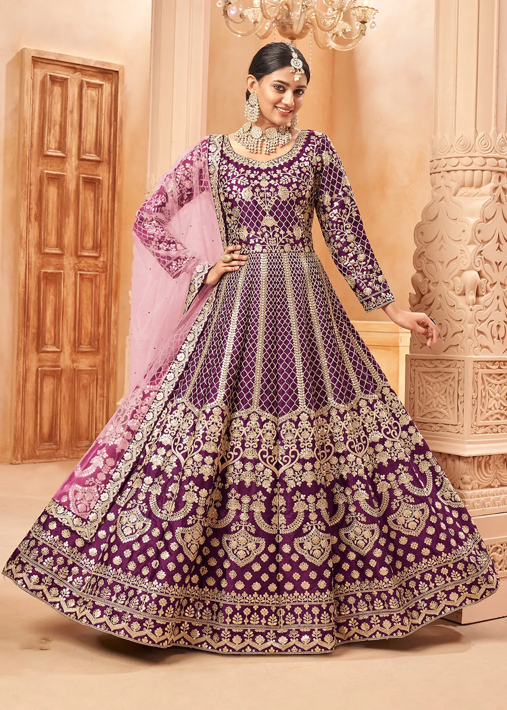 Glam Purple & Gold Embroidered Silk Anarkali Suit