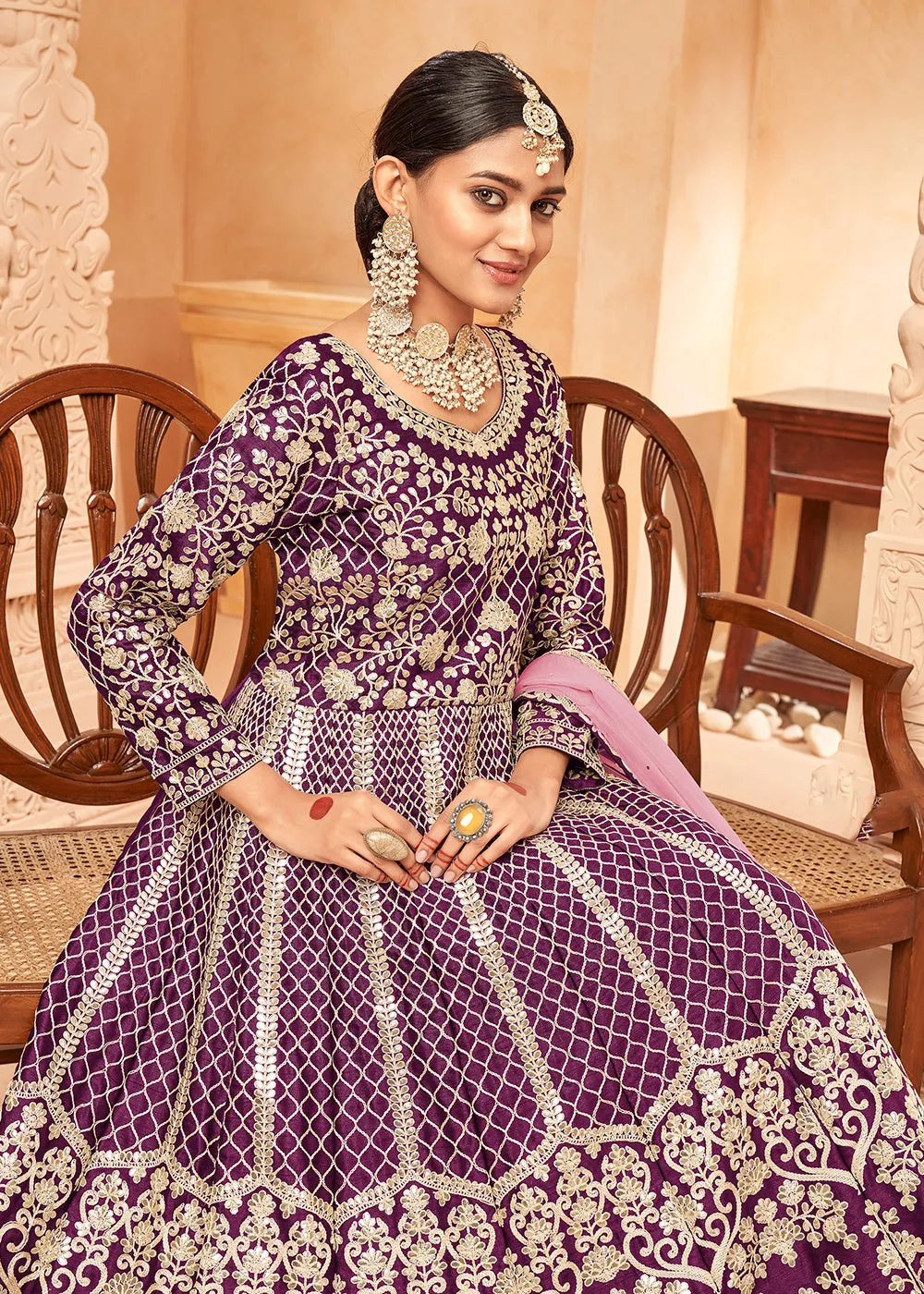Glam Purple & Gold Embroidered Silk Anarkali Suit