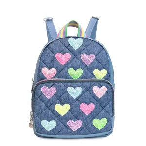 Glitter Heart-Patched Denim Quilted Mini Backpack