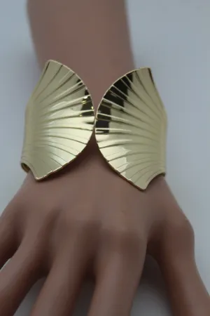 Gold Metal Yellow Cuff Bracelet Stripes Wings Fans Trendy