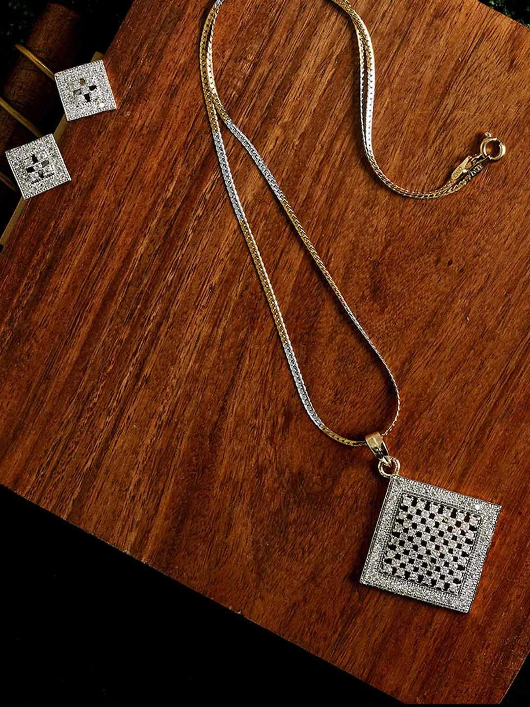 Gold-Plated Silver-Toned & White CZ-Studded Square Shape Handcrafted Jewellery Se
