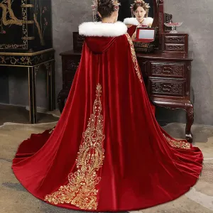 Gold Red Wedding Wrap Velvet Bridal Cape Floor Length Faux Fur Edge Hood