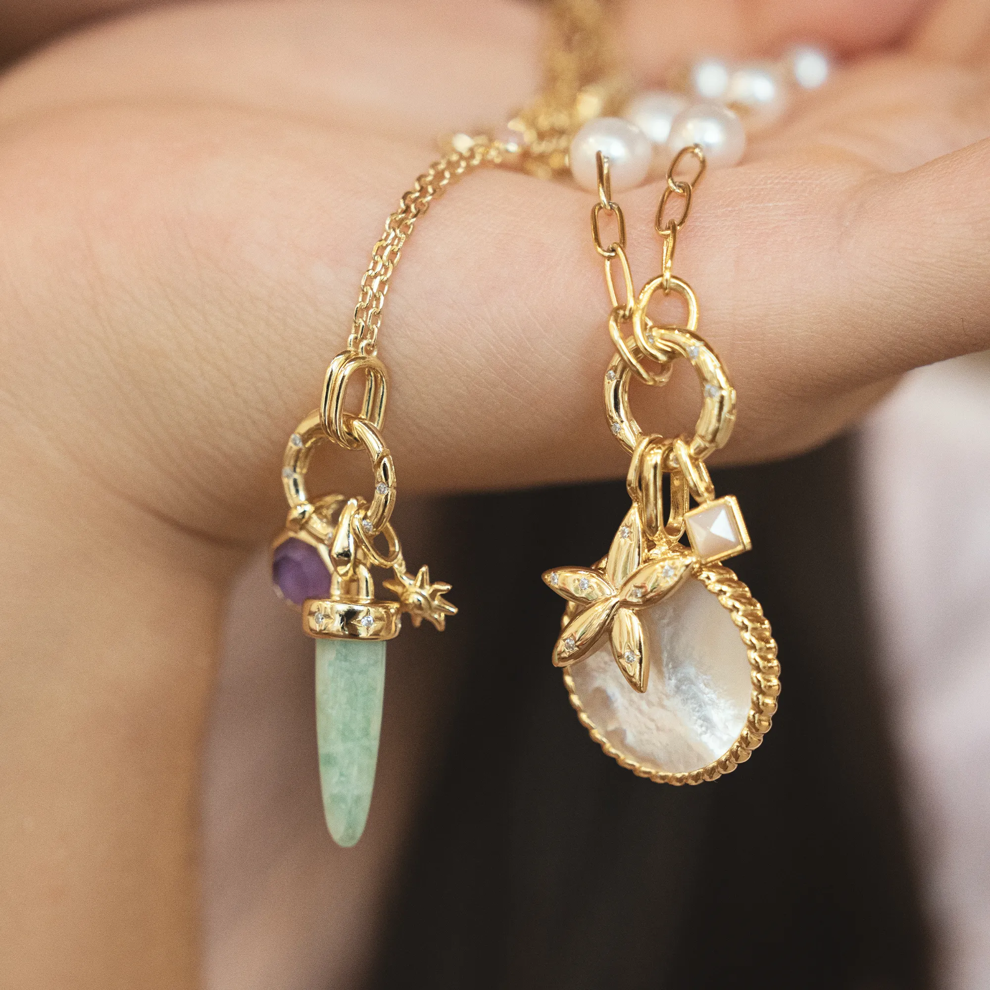 Gold Star Rose Quartz Charm Connector Necklace