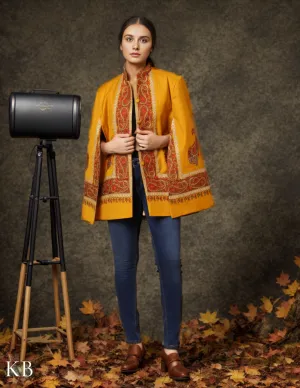 Golden Red Sozni Zari Woolen Cape Jacket