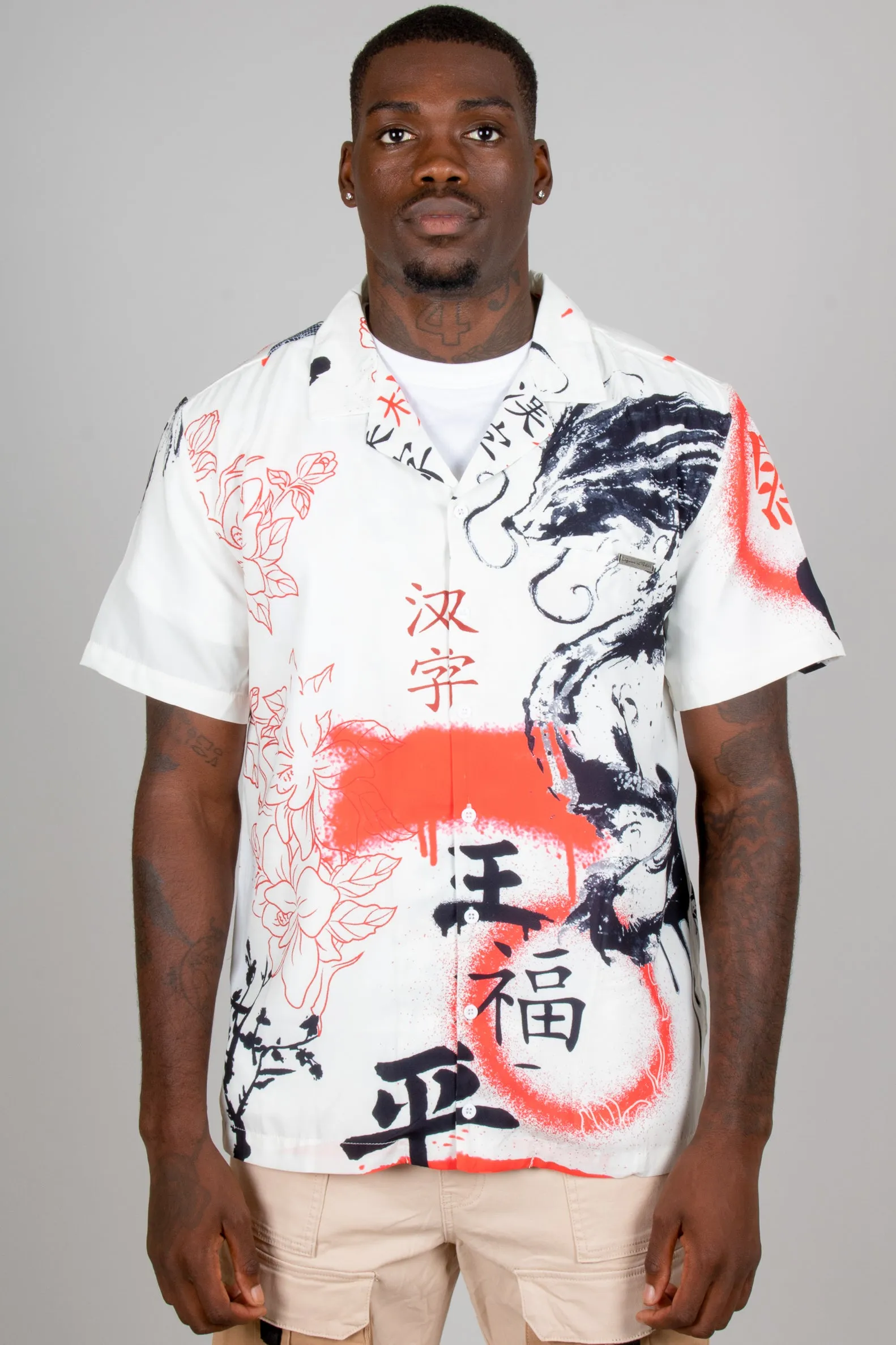 Graffiti Dragon Print Short Sleeve Shirt in White