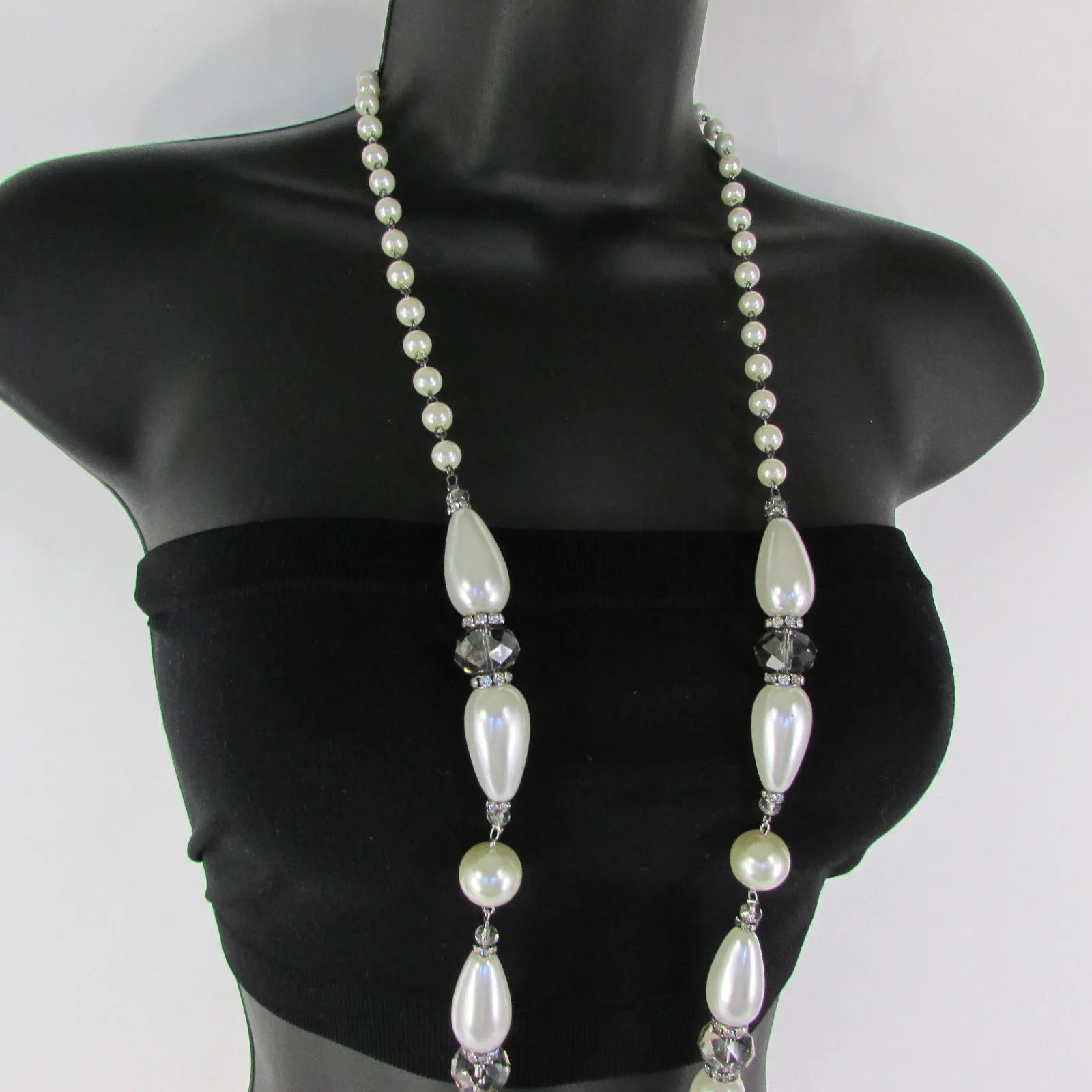 Gray Beads Beige Silver ColorSmall Imitations Pearls Long Necklace Earrings Set