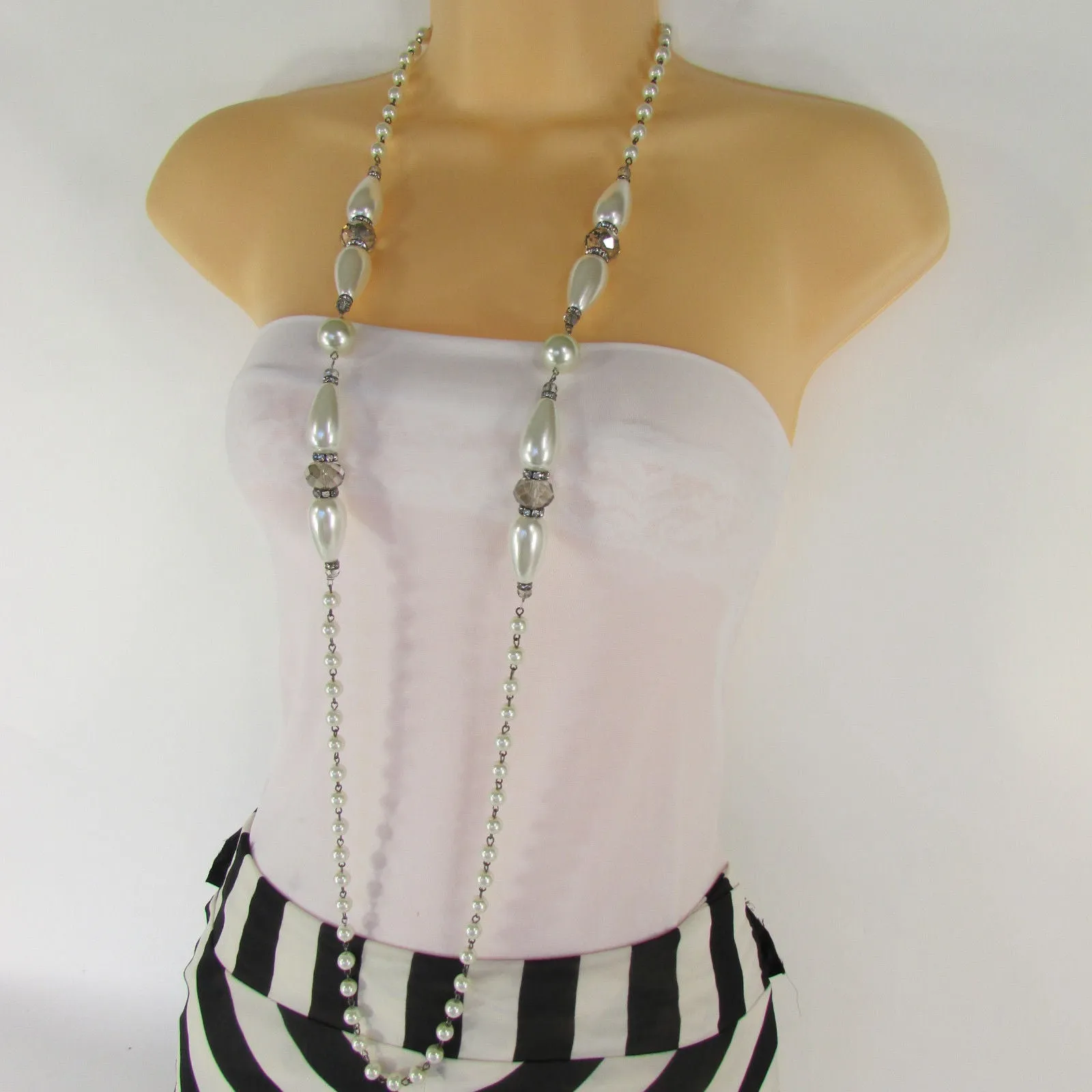 Gray Beads Beige Silver ColorSmall Imitations Pearls Long Necklace Earrings Set