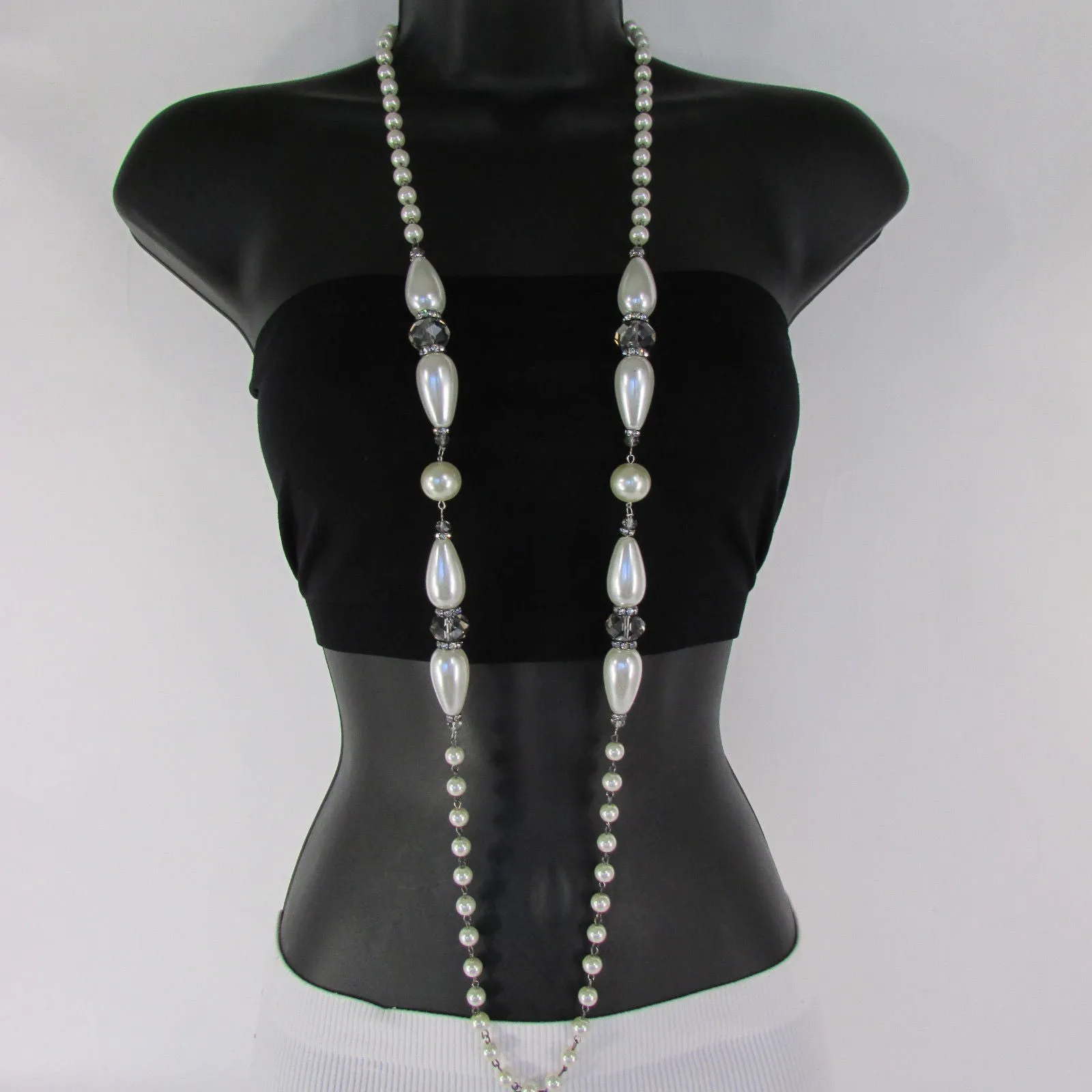 Gray Beads Beige Silver ColorSmall Imitations Pearls Long Necklace Earrings Set