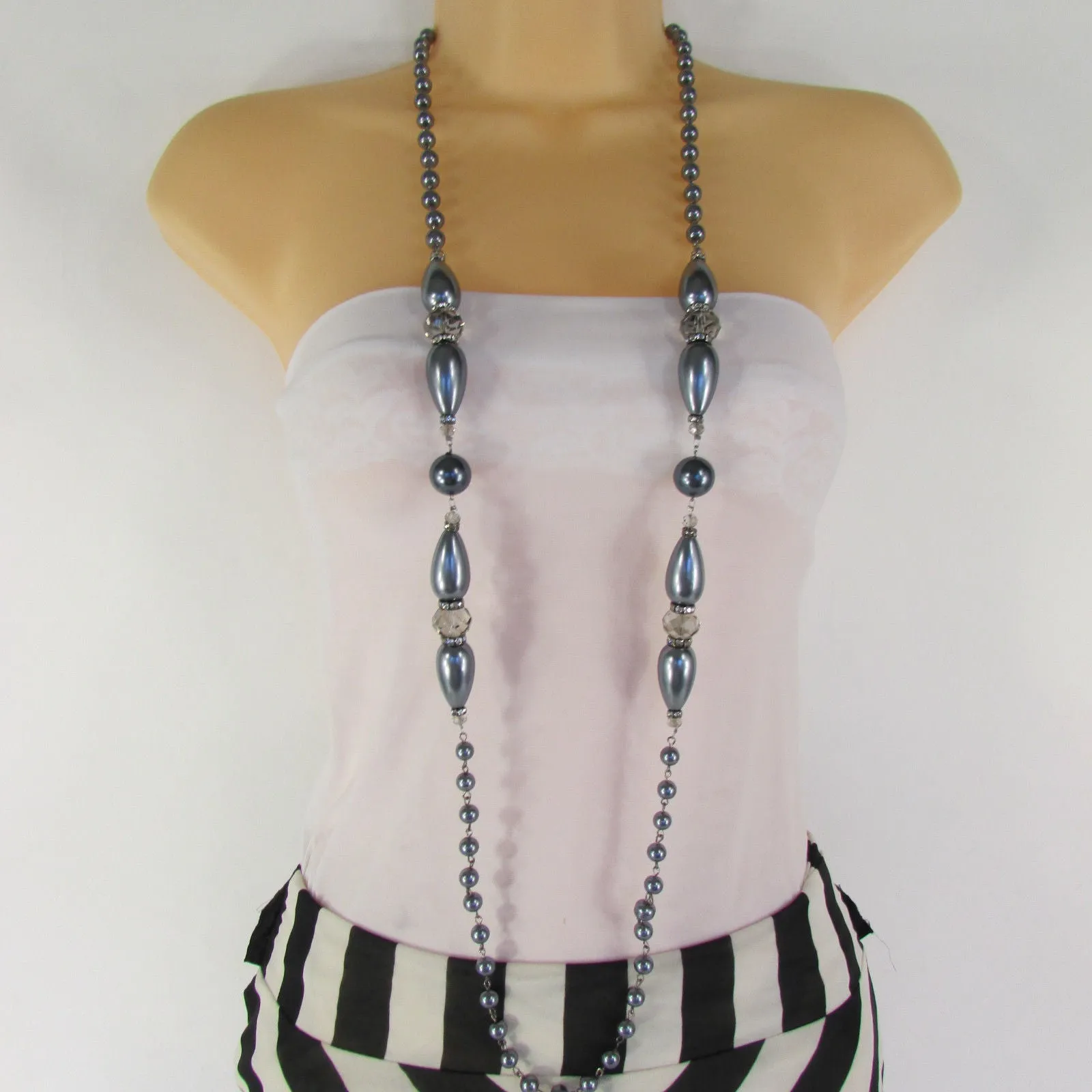 Gray Beads Beige Silver ColorSmall Imitations Pearls Long Necklace Earrings Set