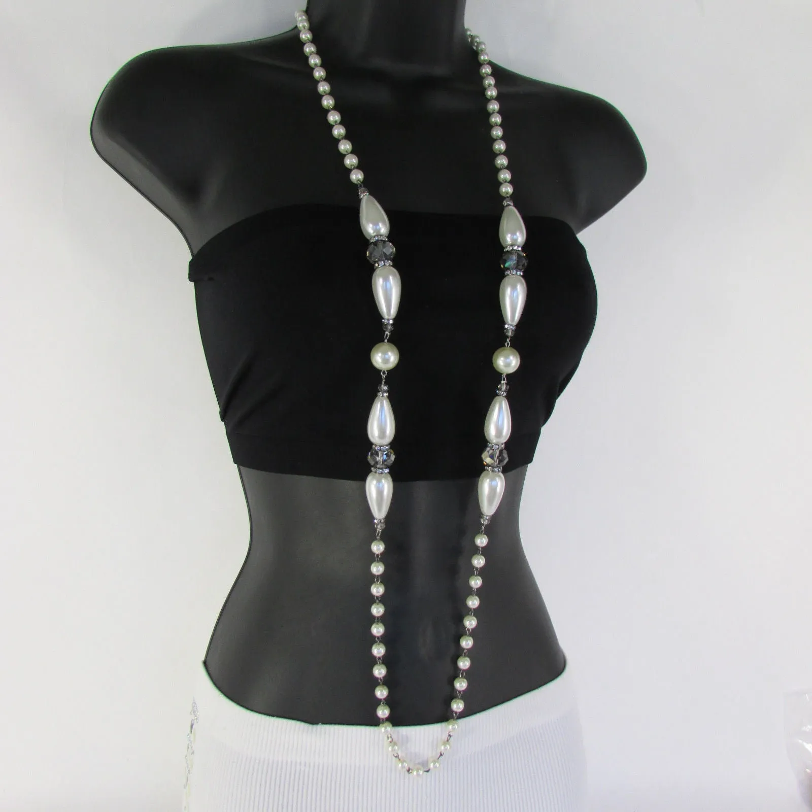 Gray Beads Beige Silver ColorSmall Imitations Pearls Long Necklace Earrings Set