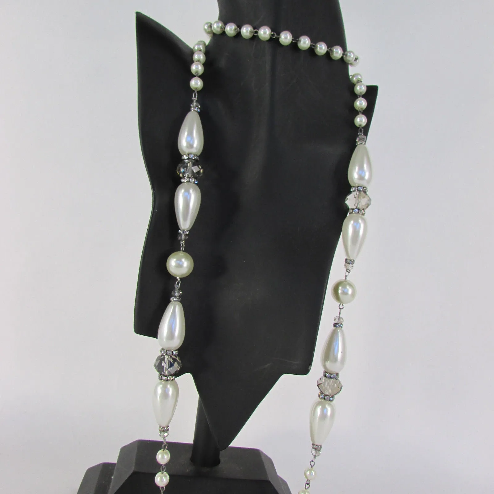 Gray Beads Beige Silver ColorSmall Imitations Pearls Long Necklace Earrings Set