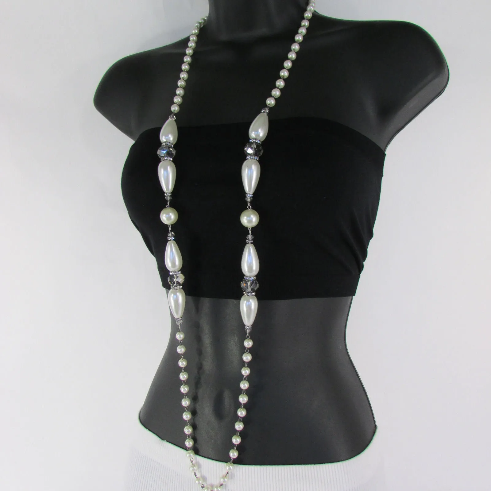 Gray Beads Beige Silver ColorSmall Imitations Pearls Long Necklace Earrings Set