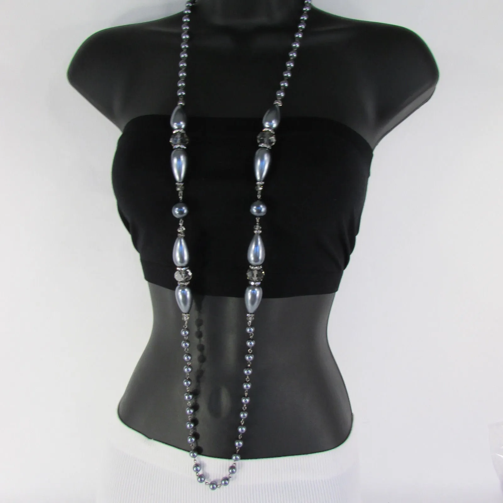 Gray Beads Beige Silver ColorSmall Imitations Pearls Long Necklace Earrings Set