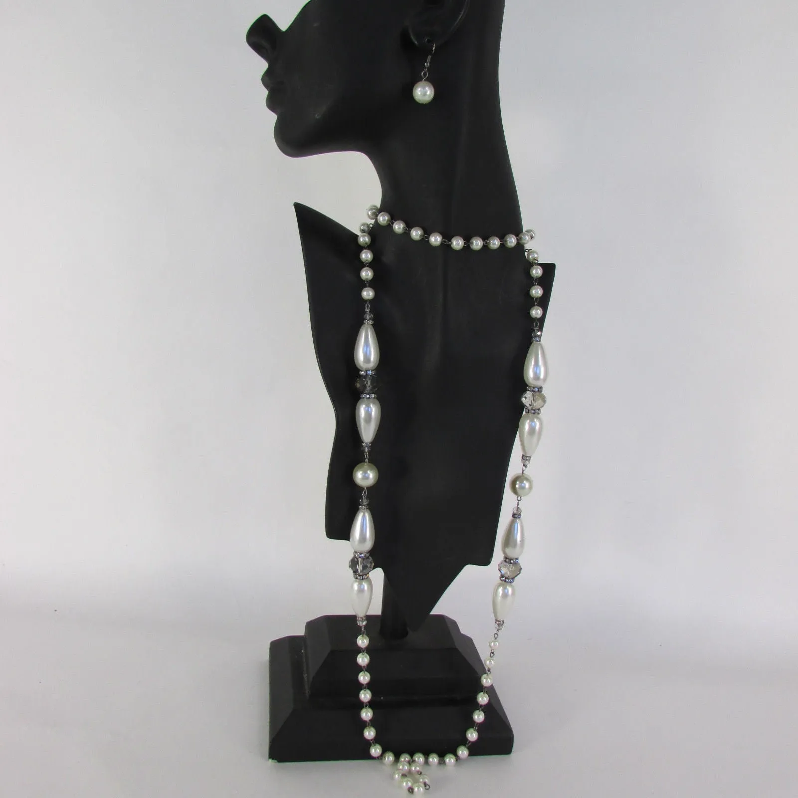 Gray Beads Beige Silver ColorSmall Imitations Pearls Long Necklace Earrings Set