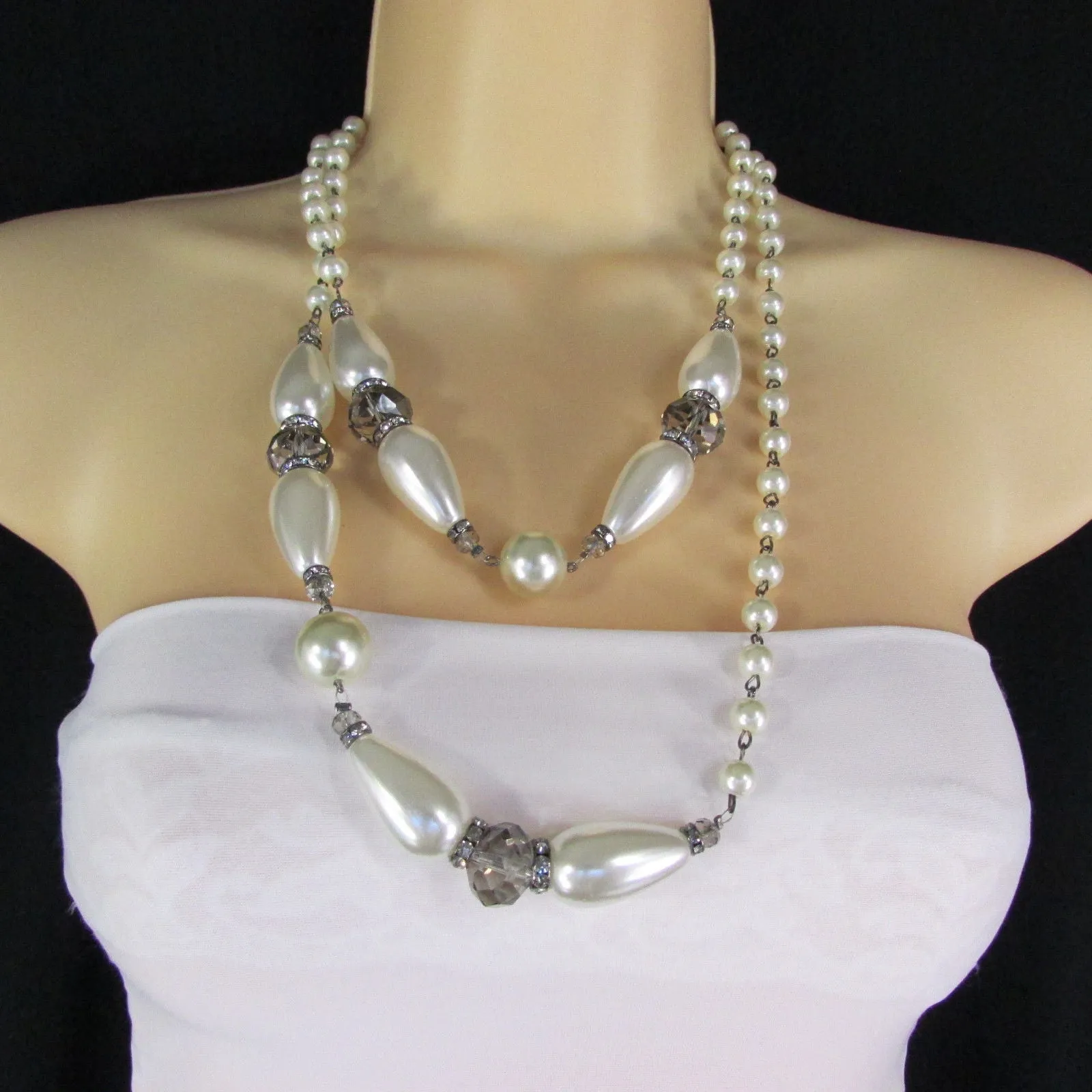 Gray Beads Beige Silver ColorSmall Imitations Pearls Long Necklace Earrings Set