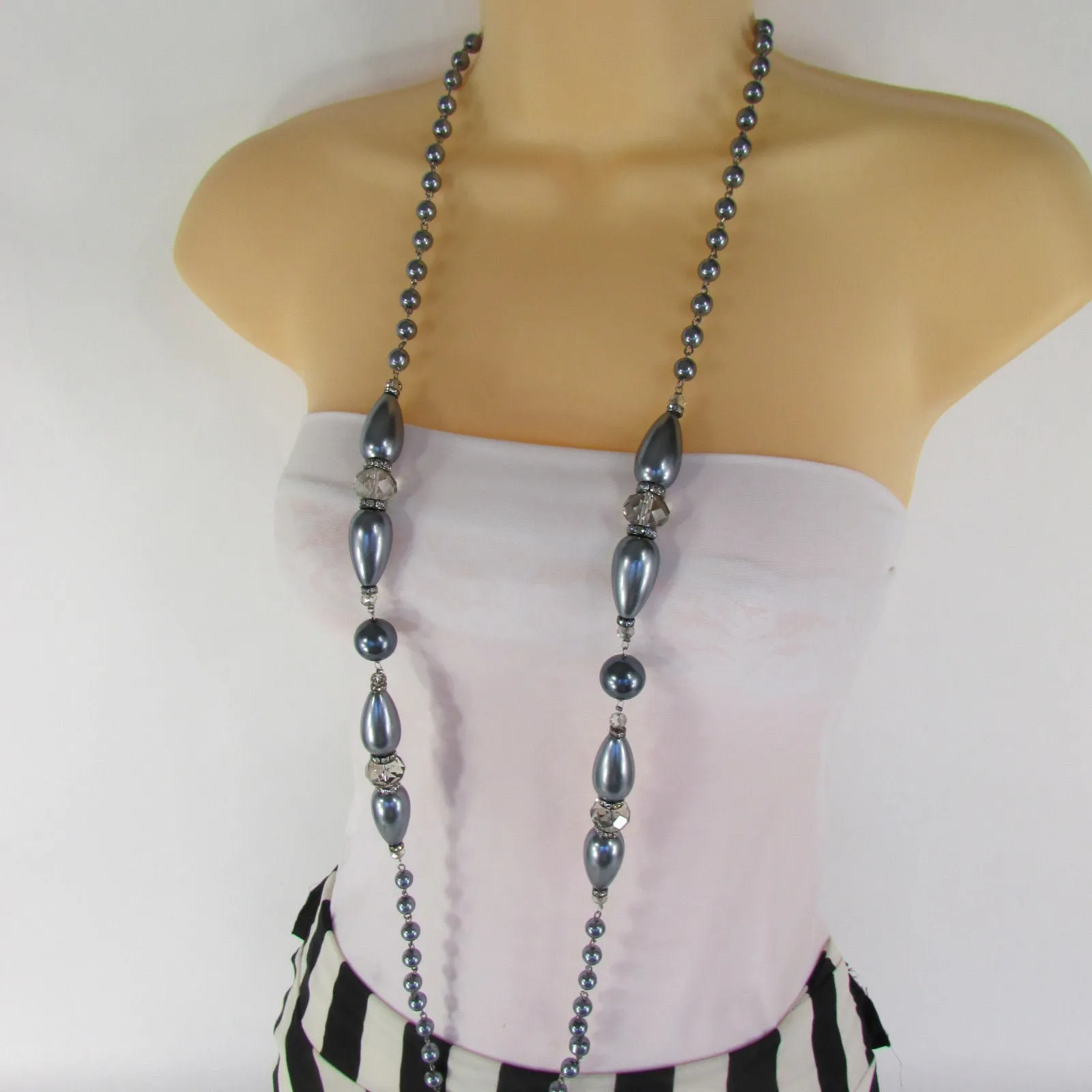 Gray Beads Beige Silver ColorSmall Imitations Pearls Long Necklace Earrings Set