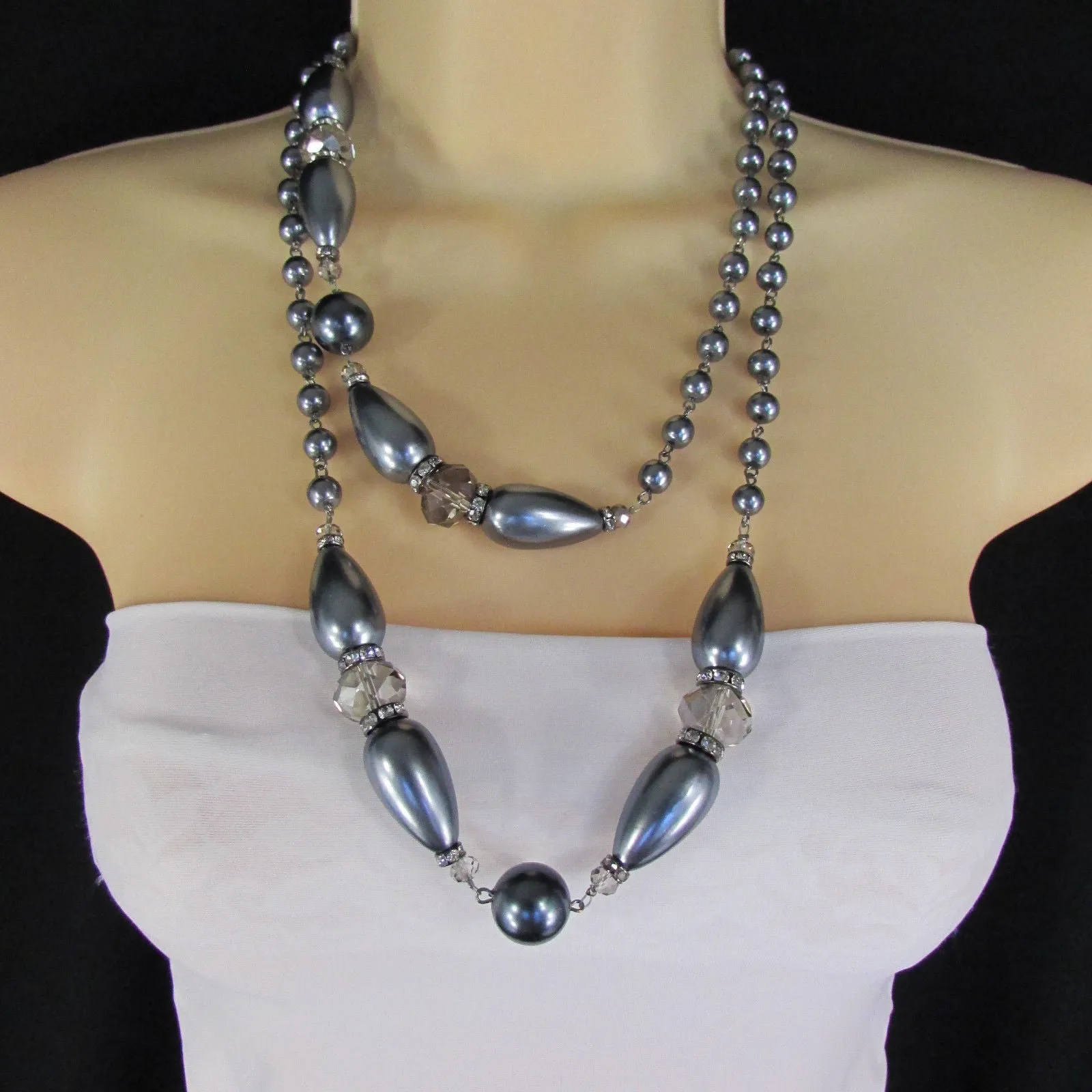 Gray Beads Beige Silver ColorSmall Imitations Pearls Long Necklace Earrings Set