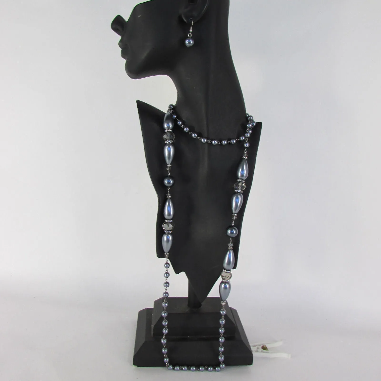 Gray Beads Beige Silver ColorSmall Imitations Pearls Long Necklace Earrings Set