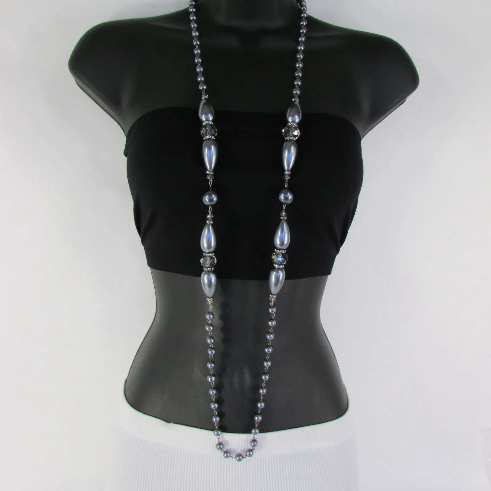 Gray Beads Beige Silver ColorSmall Imitations Pearls Long Necklace Earrings Set