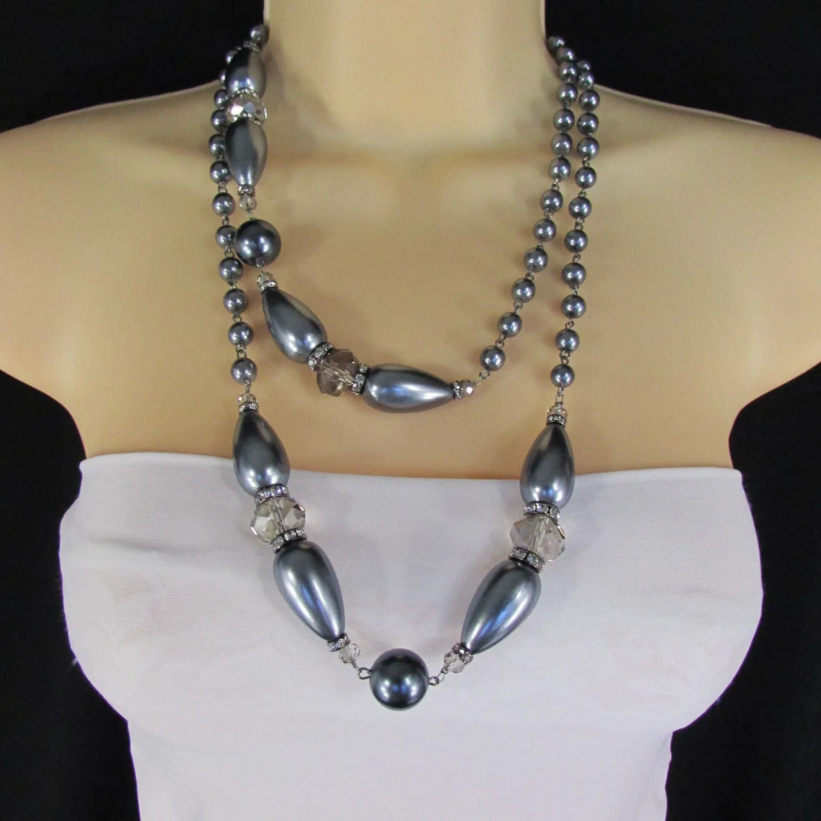 Gray Beads Beige Silver ColorSmall Imitations Pearls Long Necklace Earrings Set