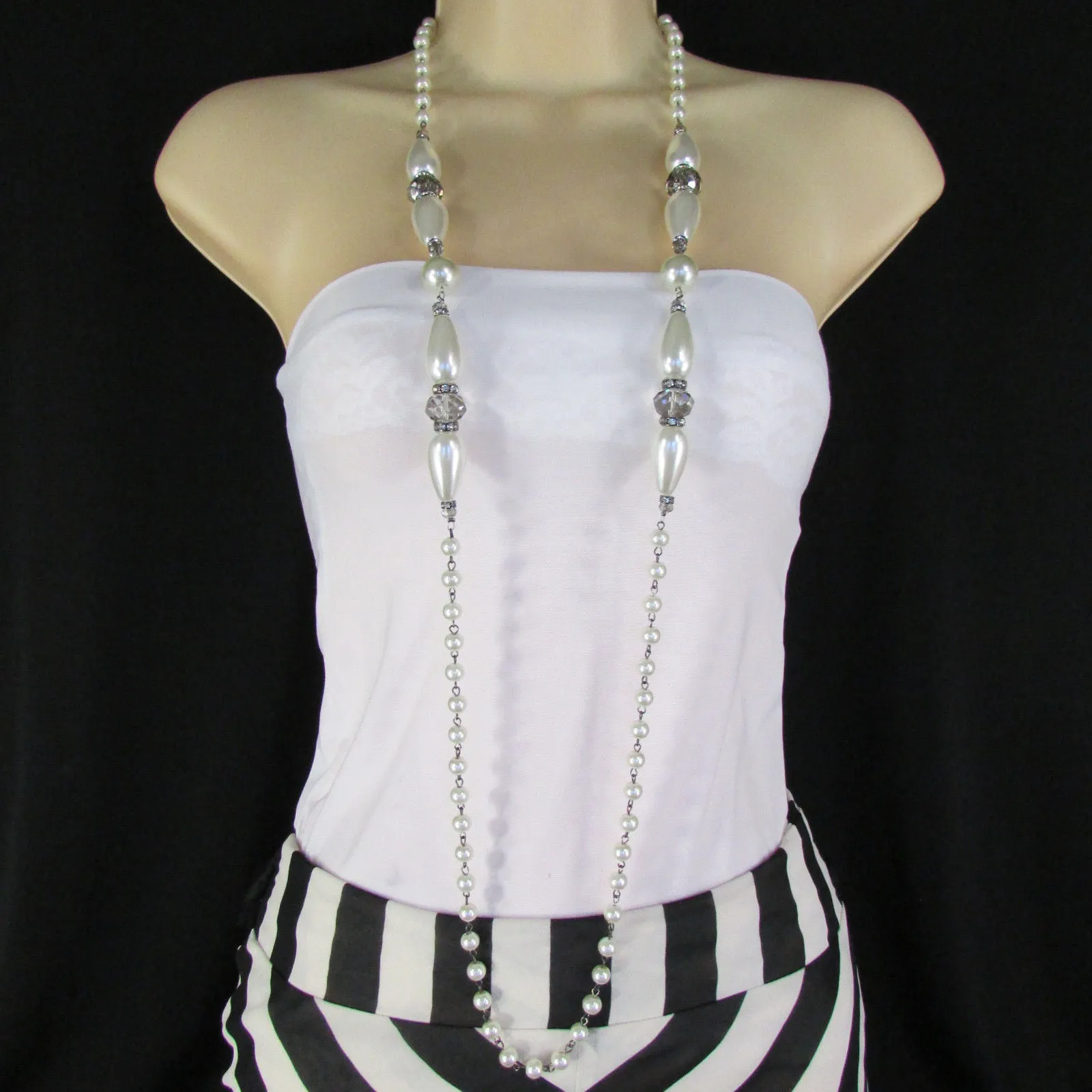 Gray Beads Beige Silver ColorSmall Imitations Pearls Long Necklace Earrings Set