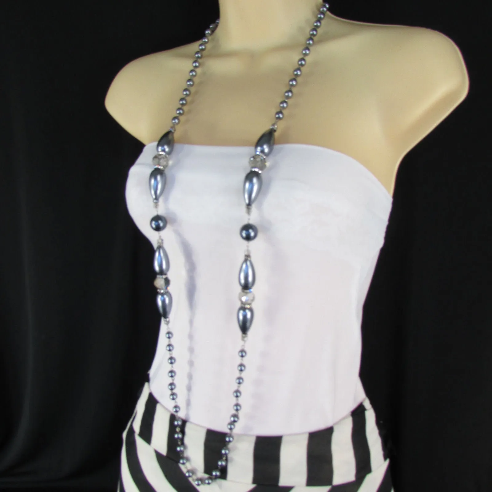 Gray Beads Beige Silver ColorSmall Imitations Pearls Long Necklace Earrings Set