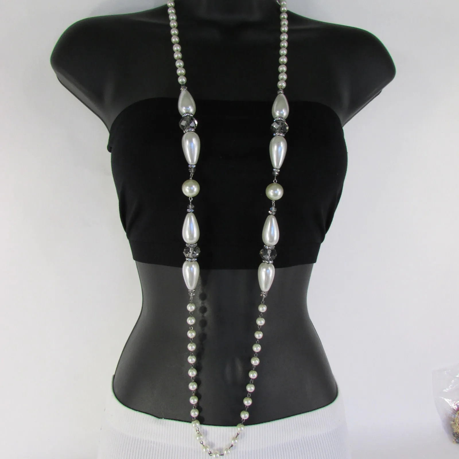 Gray Beads Beige Silver ColorSmall Imitations Pearls Long Necklace Earrings Set