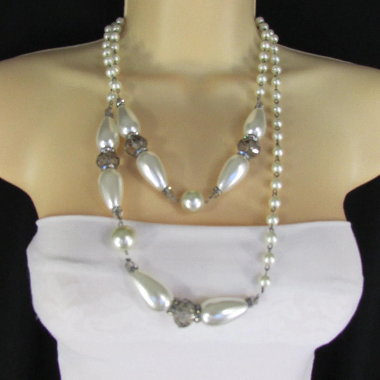 Gray Beads Beige Silver ColorSmall Imitations Pearls Long Necklace Earrings Set