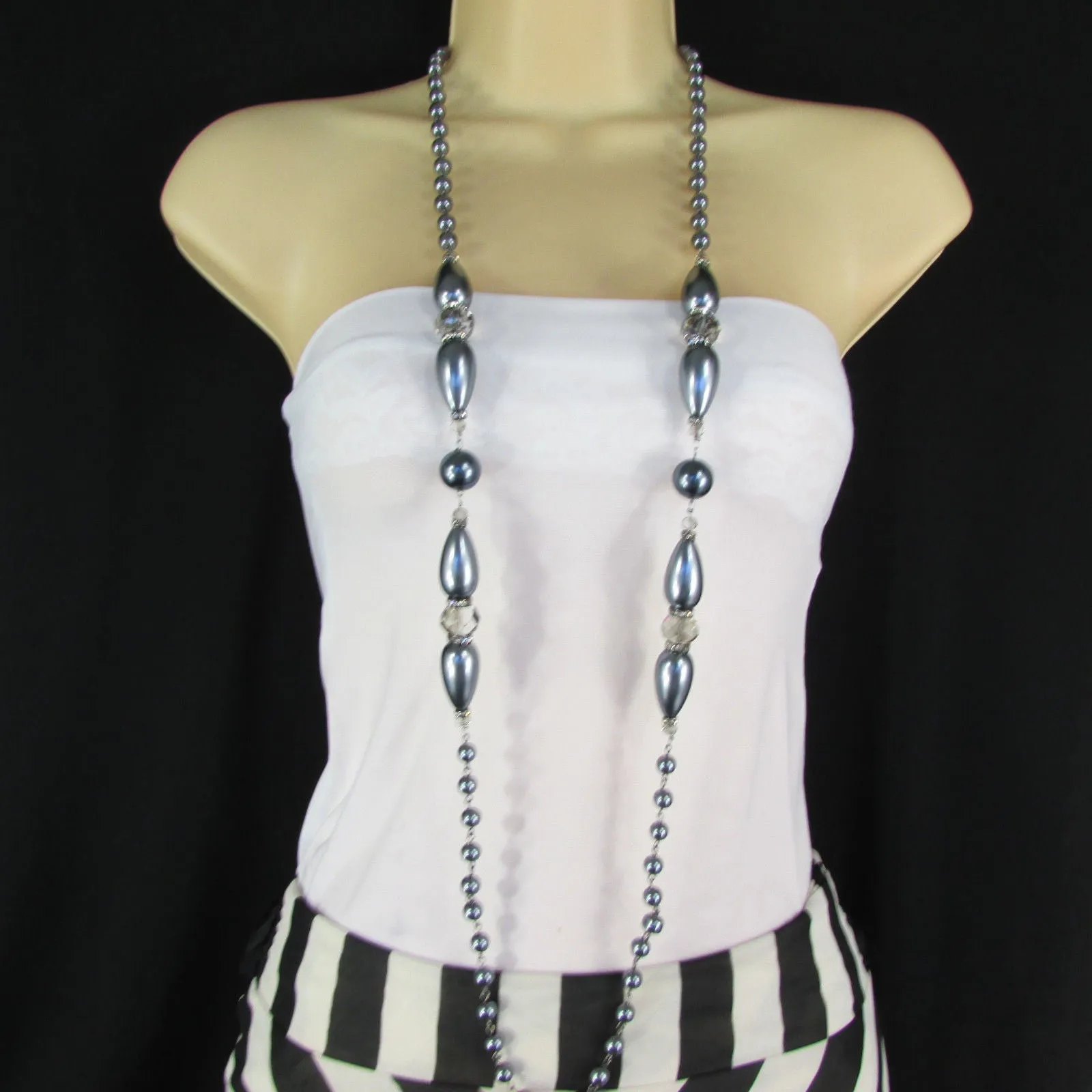 Gray Beads Beige Silver ColorSmall Imitations Pearls Long Necklace Earrings Set