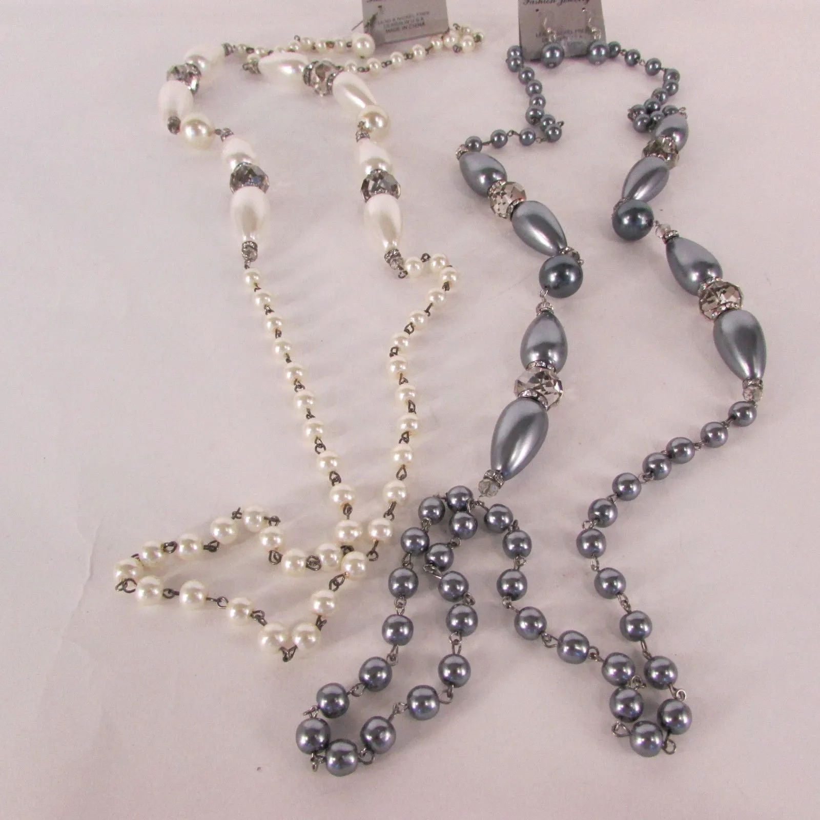 Gray Beads Beige Silver ColorSmall Imitations Pearls Long Necklace Earrings Set