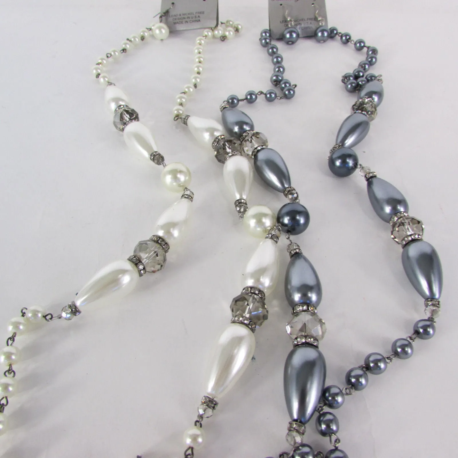Gray Beads Beige Silver ColorSmall Imitations Pearls Long Necklace Earrings Set