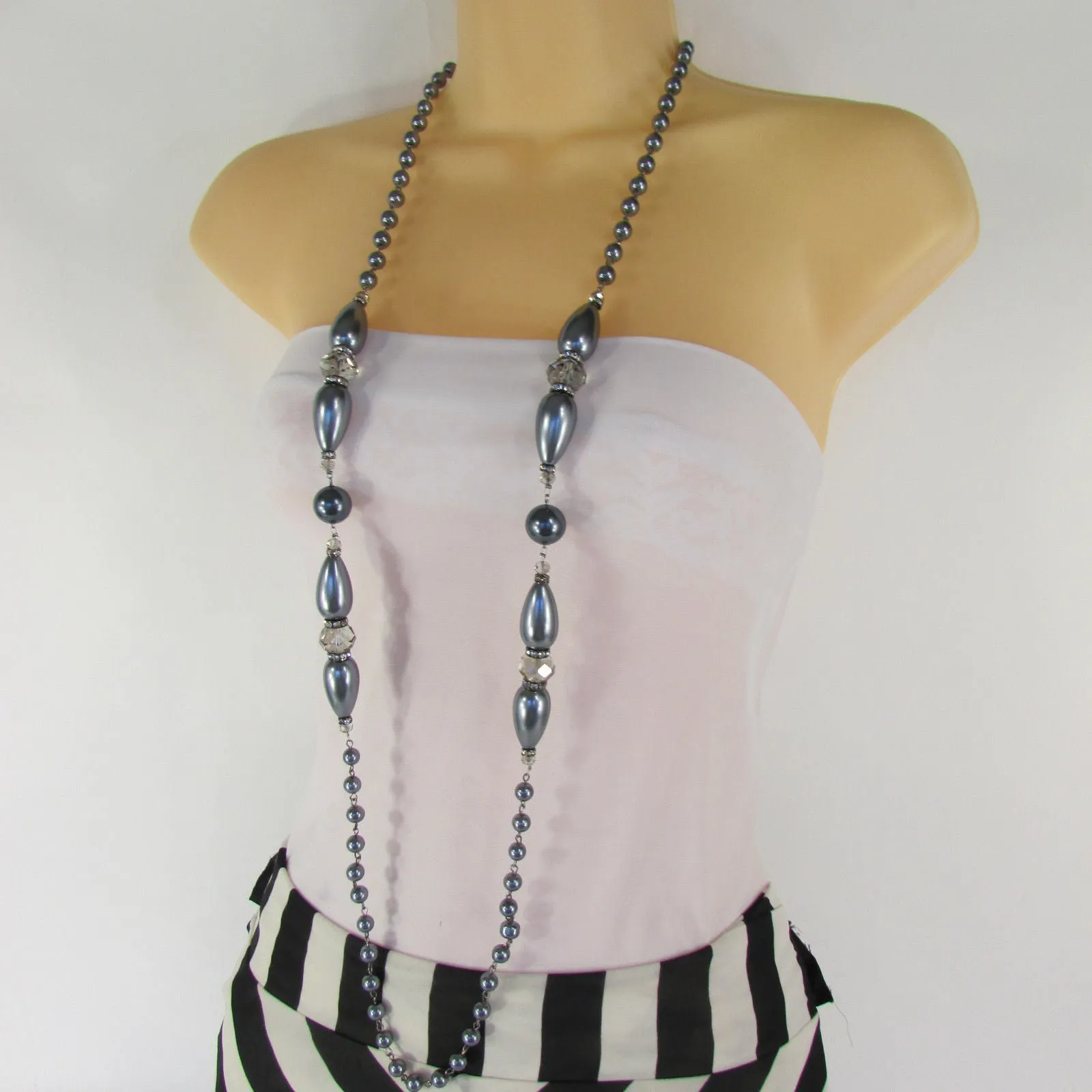 Gray Beads Beige Silver ColorSmall Imitations Pearls Long Necklace Earrings Set