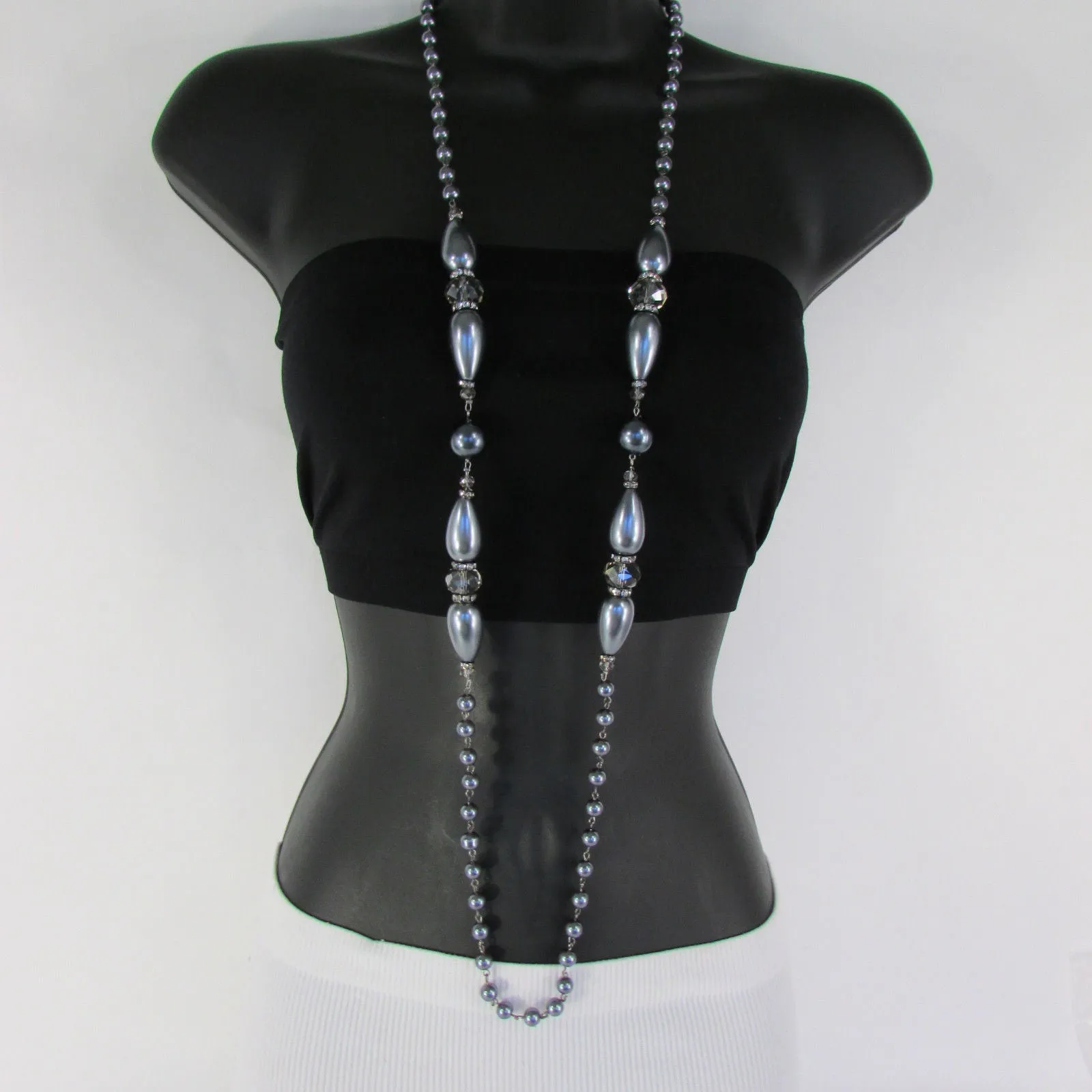 Gray Beads Beige Silver ColorSmall Imitations Pearls Long Necklace Earrings Set