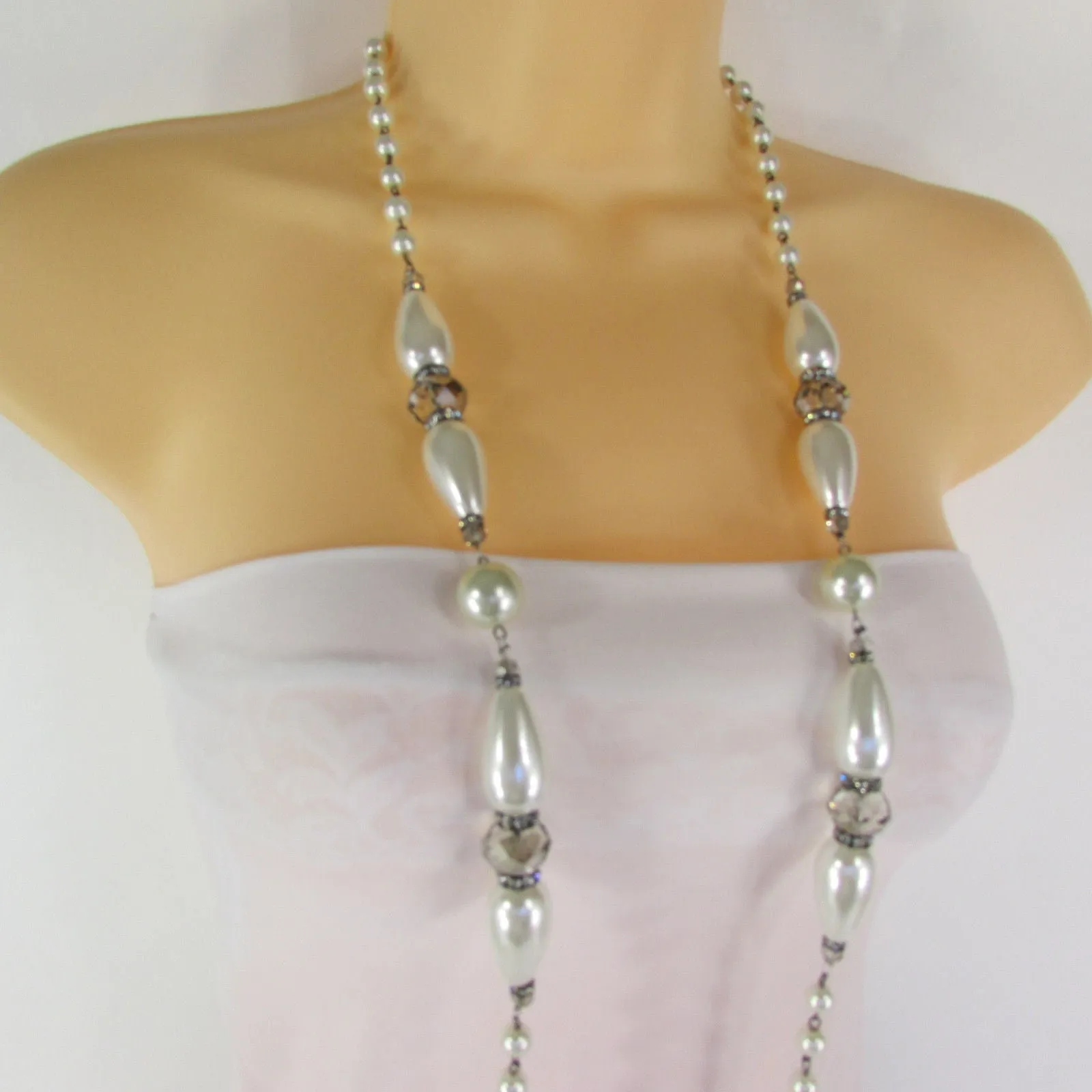 Gray Beads Beige Silver ColorSmall Imitations Pearls Long Necklace Earrings Set