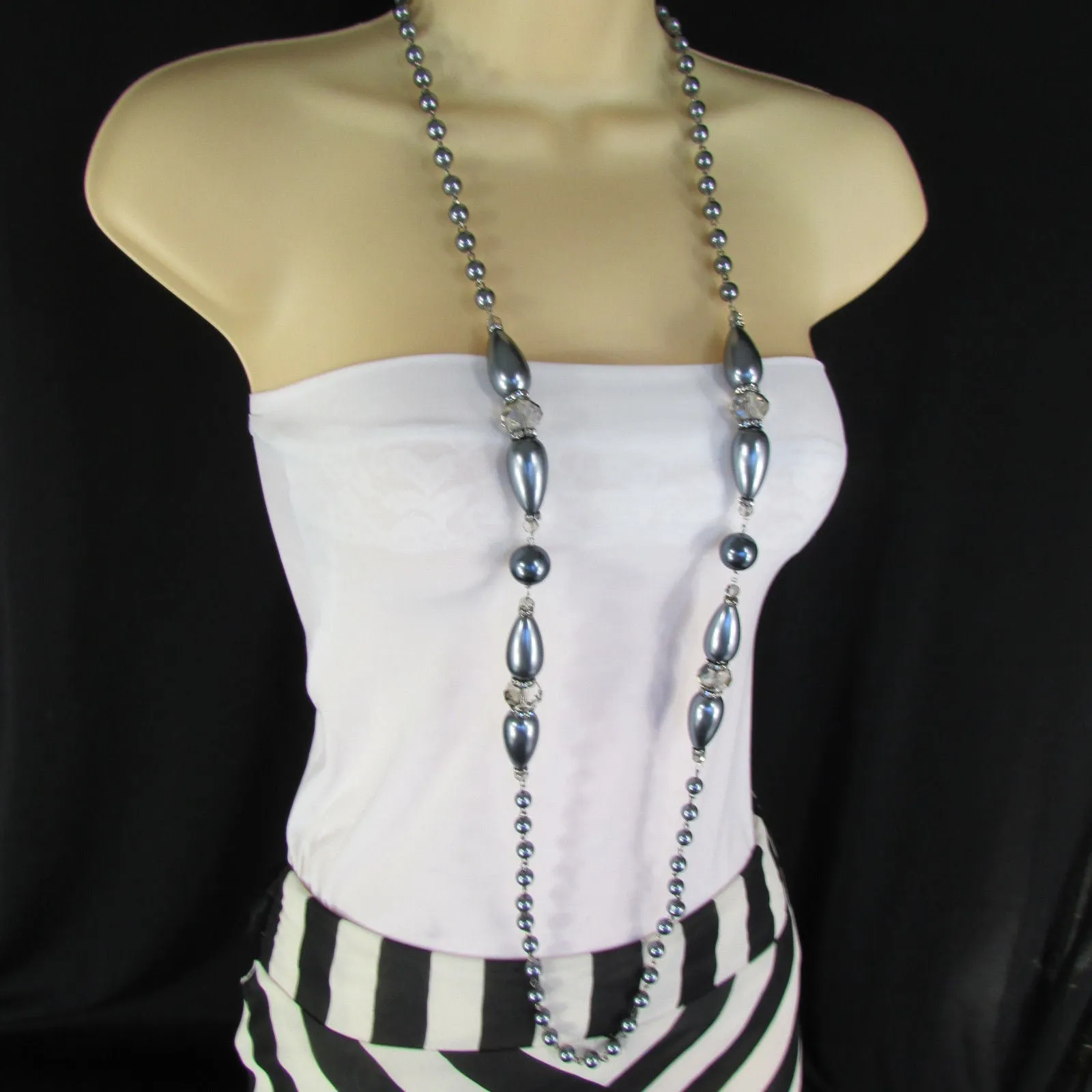 Gray Beads Beige Silver ColorSmall Imitations Pearls Long Necklace Earrings Set