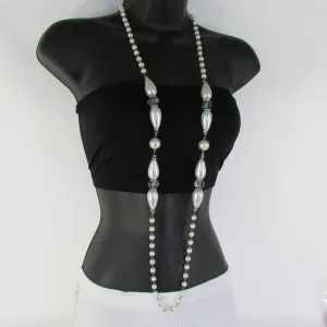 Gray Beads Beige Silver ColorSmall Imitations Pearls Long Necklace Earrings Set